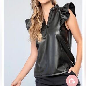 THML Black Faux Leather Ruffle Sleeve Blouse, mixed media - sweater backing